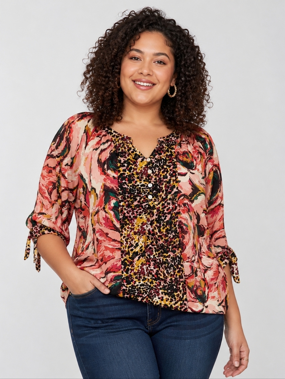 FIG & FLOWER Size 1X Floral Animal Print Chiffon Blouse 3/4 Sleeve Popover Top